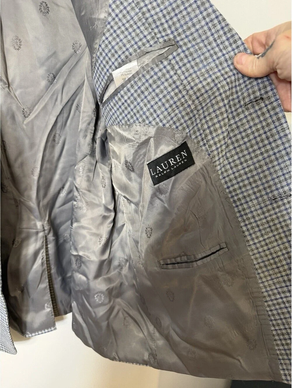 Lauren Ralph Lauren Blazer 46R Grey Blue Plaid Check Stretch Jacket Sport Coat